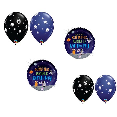 Space, Alien, Rocket Theme Balloon Set, 2x Birthday Outta This World Holographic Balloons